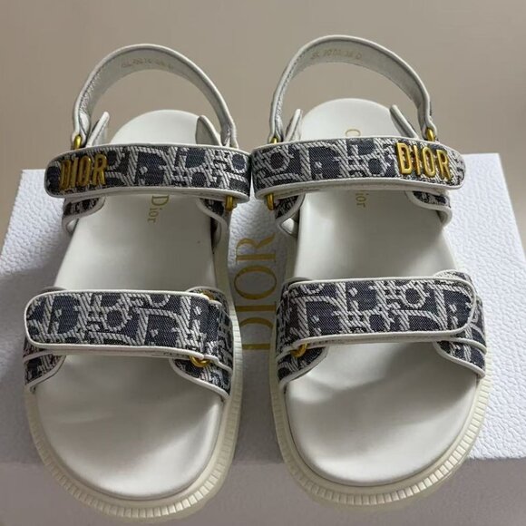Dior Dioact Sandals Women’s Size 8 EU 38 Oblique Gray Gold Logo New w/ Box - Picture 1 of 6